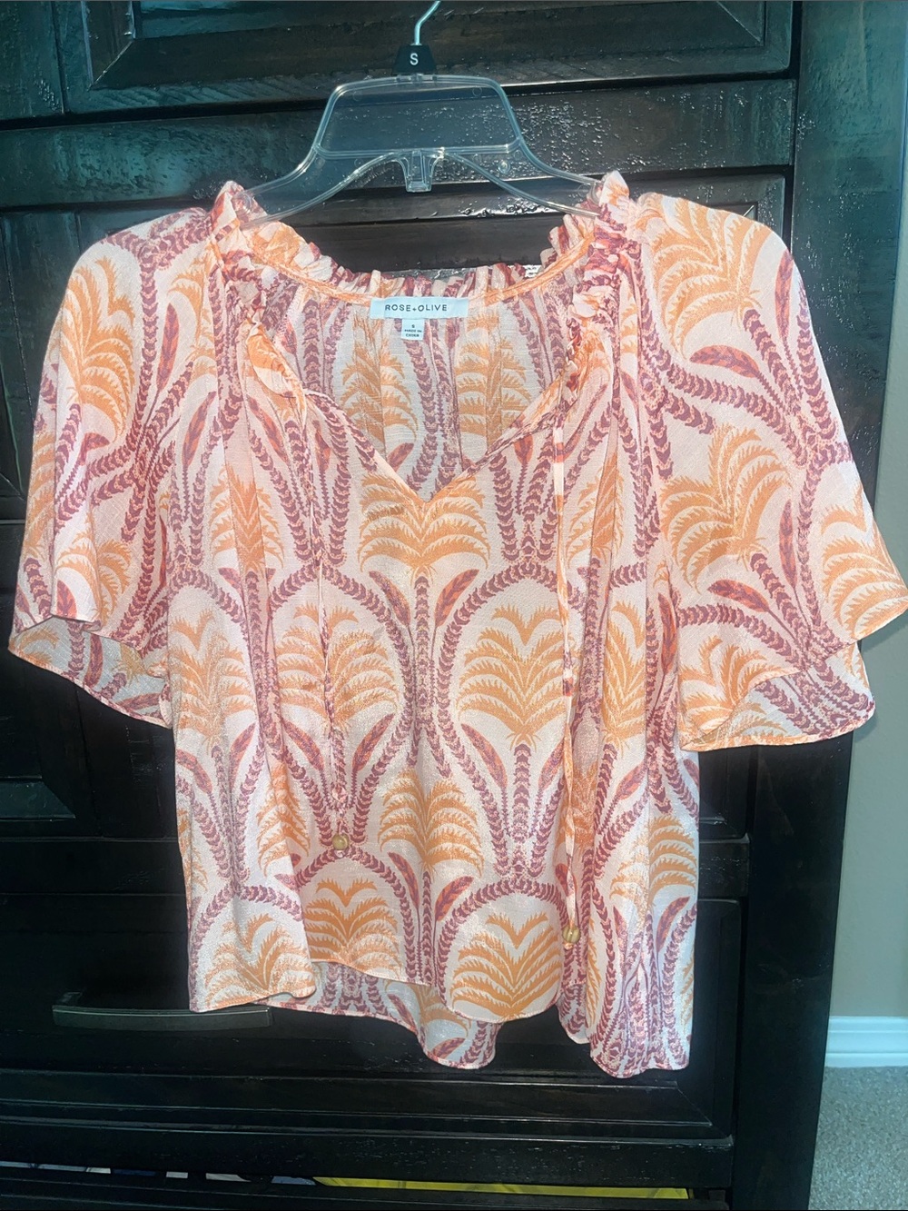 Rose & Olive Peach and Mauve Botanical Flutter-Sleeve Top